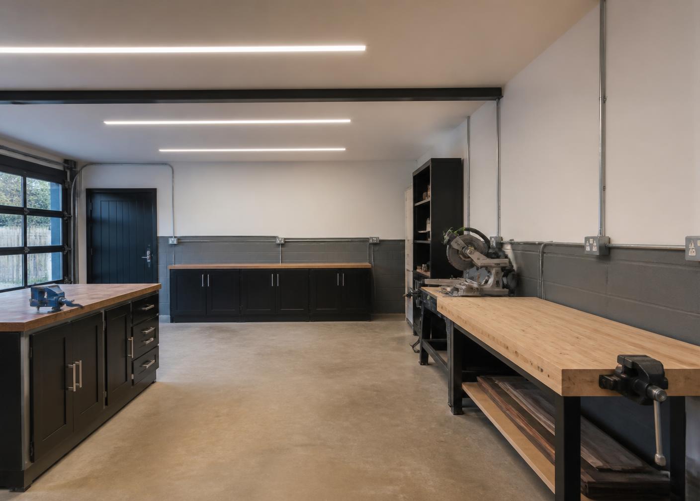 Werkstatt mit neuer LED-Linienbeleuchtung und Kabelkanälen