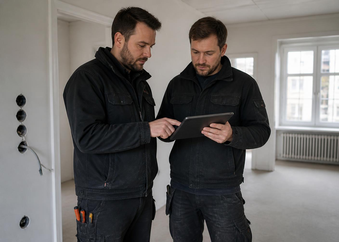 Zwei Elektrotechniker besprechen die Installationsplanung in einer Wohnung